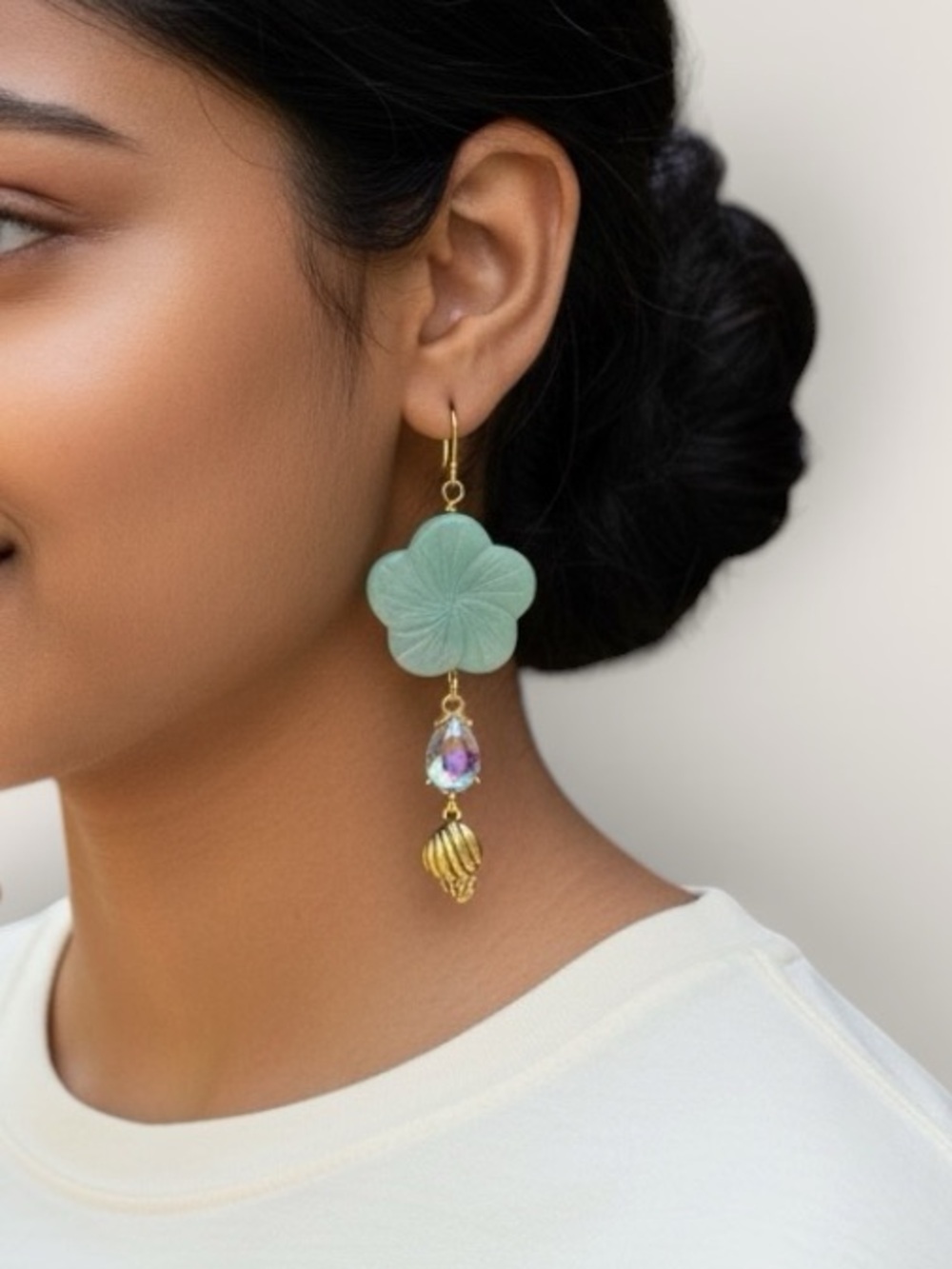 HAND CRAFTED MINT GREEN HIBISCUS FLOWER DANGLE EARRINGS Crystal Gold Boho